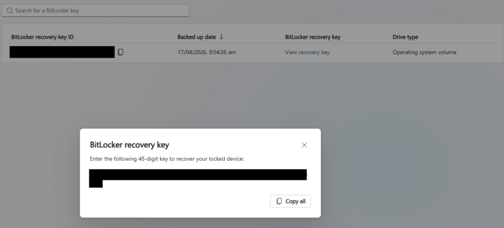 BitLocker recovery key page listing the key ID, backup date and drive type, with the 48-digit recovery key opened and hidden