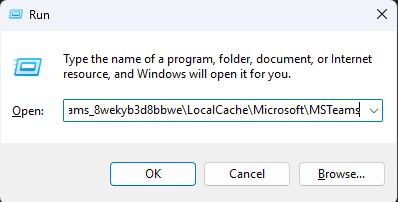 Run box with the new Teams cache folder path entered
