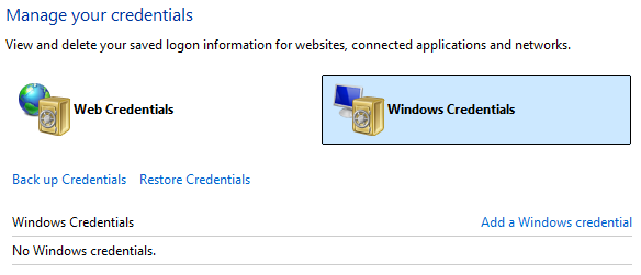 Credential Manager with Windows Credentials selected, the first place to look when Outlook keeps asking for password