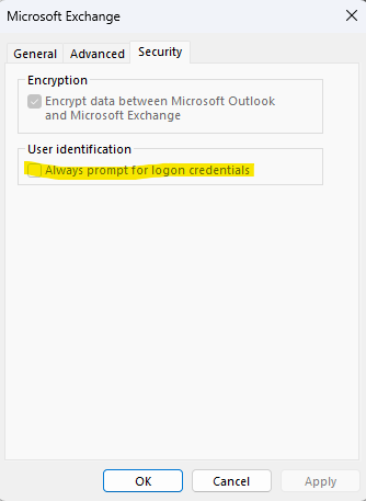 Outlook account Security tab with Always prompt for logon credentials unticked