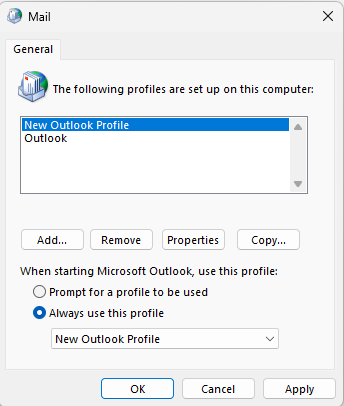 Mail profiles dialog with a new Outlook profile set to always be used