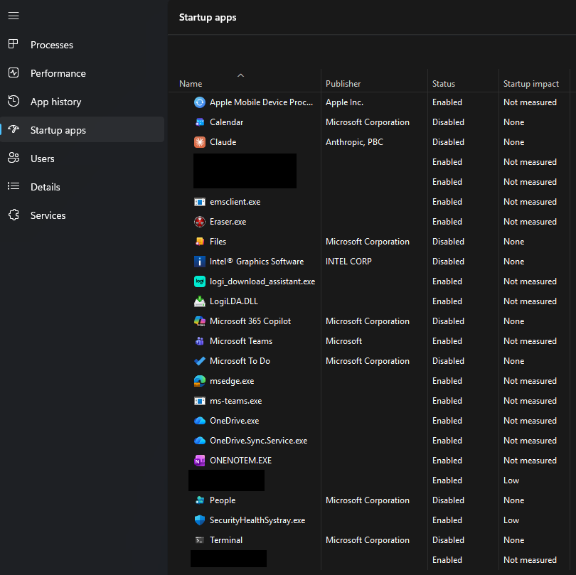 Task Manager Startup apps list with status and startup impact