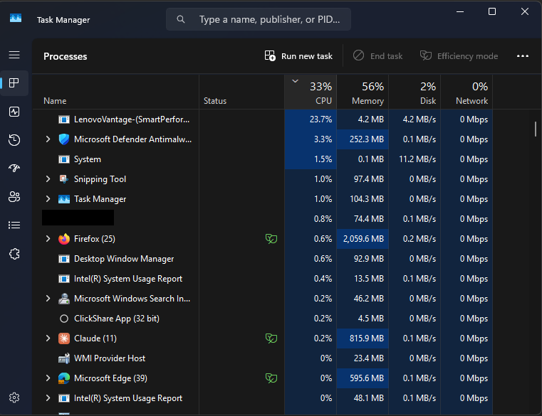 Task Manager Processes tab sorted by CPU use, the first place to look to speed up Windows 11