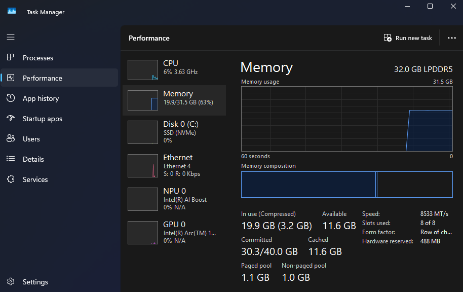 Task Manager Performance tab showing memory slots used and form factor