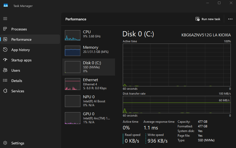 Task Manager Performance tab showing the disk type as SSD (NVMe)