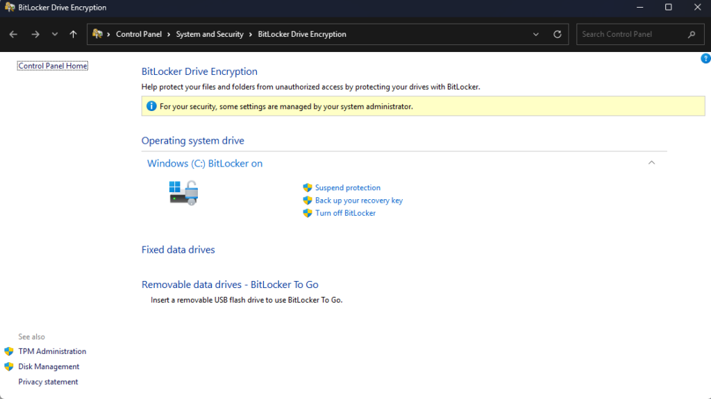 Manage BitLocker in Control Panel showing Suspend protection, Back up your recovery key and Turn off BitLocker