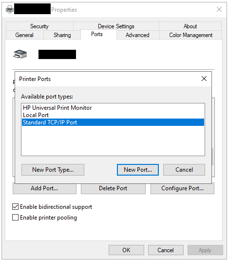 Printer properties Ports tab with Printer Ports dialog and Standard TCP/IP Port selected