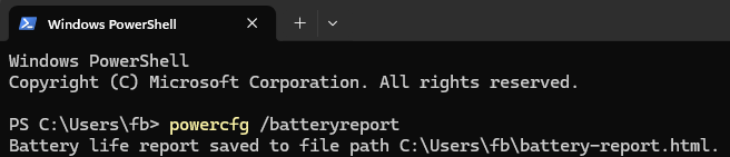 Terminal showing the powercfg /batteryreport command and where the report was saved