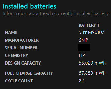 Installed batteries section of the Windows battery report used to check laptop battery health, showing design capacity, full charge capacity and cycle count