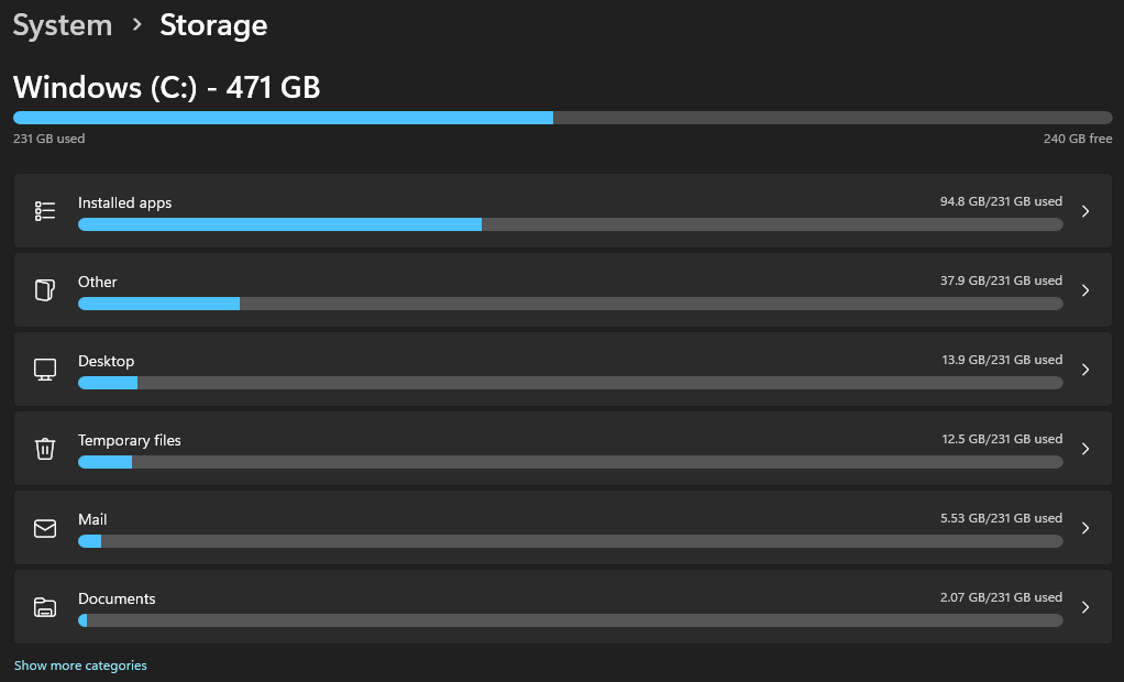 Windows 11 Storage settings showing disk usage by category