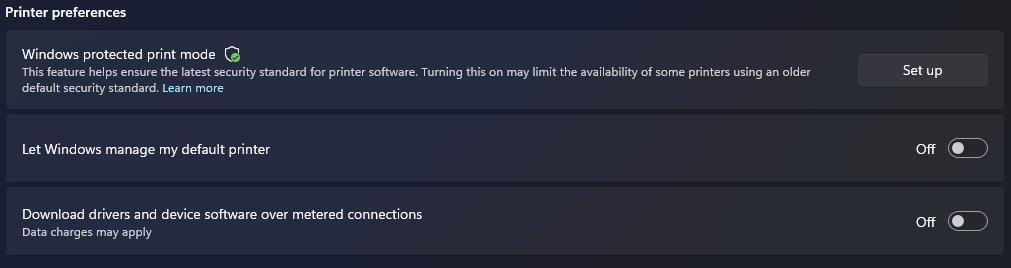 Printer preferences in Windows 11 Settings with Let Windows manage my default printer turned off