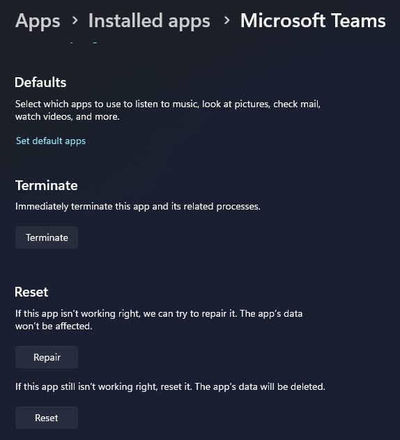 Microsoft Teams advanced options in Windows 11 Settings, showing the Repair and Reset buttons