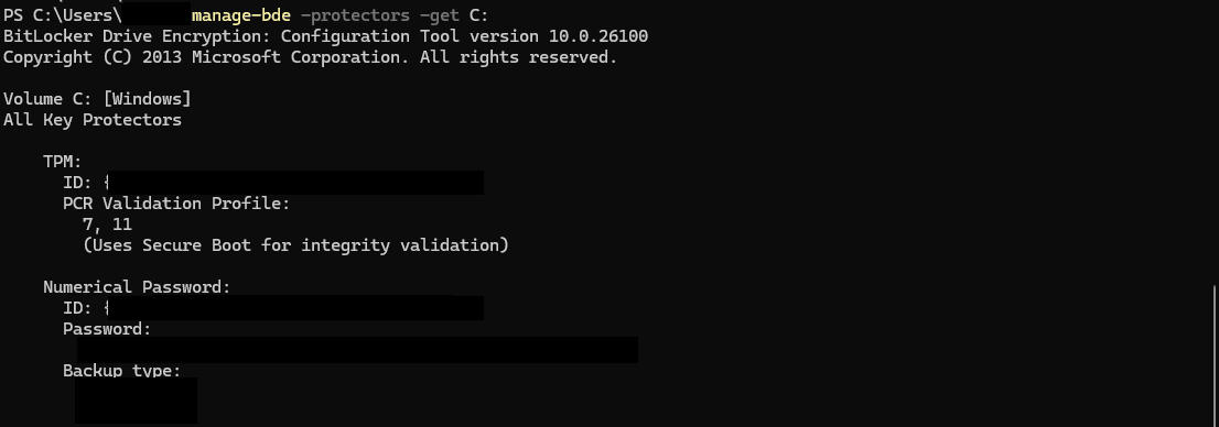 manage-bde -protectors -get C: output in Terminal showing the Numerical Password entry that holds the BitLocker recovery key, with IDs and key hidden