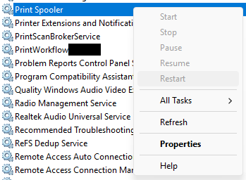 Services window with Print Spooler selected and its right-click menu showing Restart