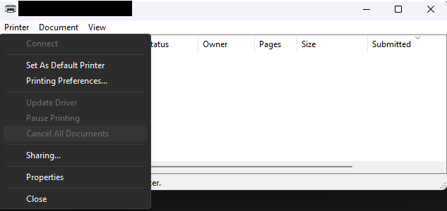 Print queue Printer menu with Cancel All Documents, used to fix a printer offline error in Windows 11